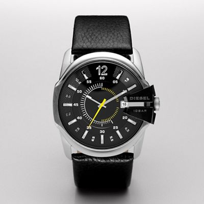 Men's 'Master Chief' black dial & leather strap watch dz1295